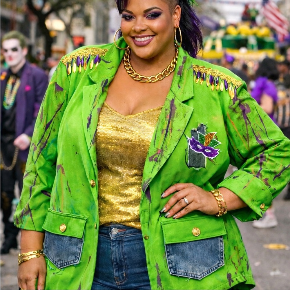 Festive Green Blazer with Denim Details